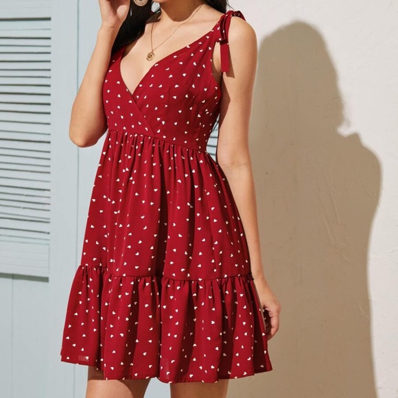 Boho red v neck hearts ruffle hem mini dress - Picture 5 of 5